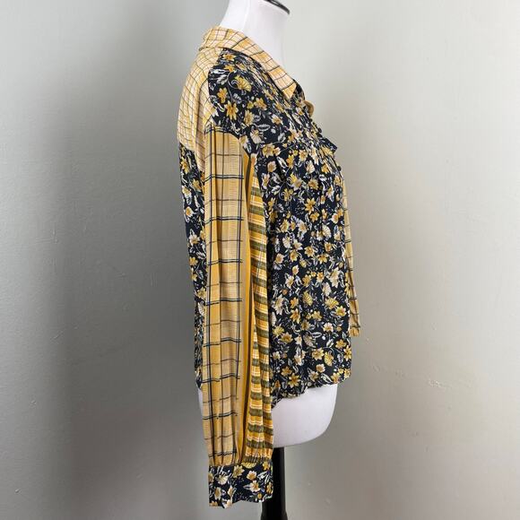 Zara Mixed Print Floral Plaid Button Down Crop Long Sleeve Blouse Top Large - Picture 5 of 8